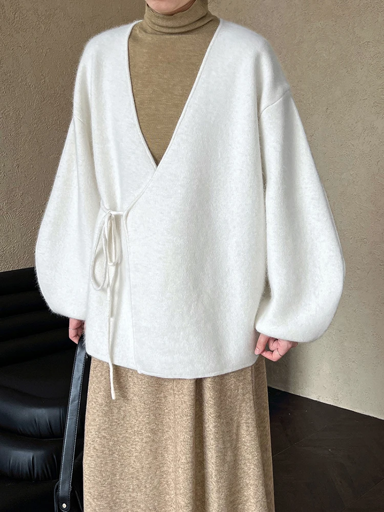 

Gray Big Size Knitting Cardigan Sweater V-Neck Long Lantern Sleeve Women New Fashion Tide Spring Autumn