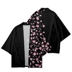 Sakura Flowers Print Yukata Men Women Fashion Cardigan Blouse Haori Obi Asian Clothes Harajuku Japanese Cosplay Kimono