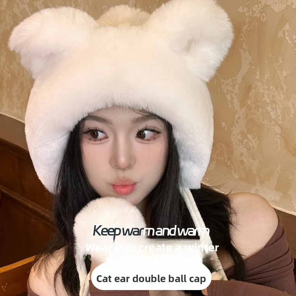 

Women's Fashion Bear Ear Fur Cap Fur Hat Autumn and Winter Fur Hats Mongolian Hat Brimless Plush Fluffy Skiing Riding Warm Caps