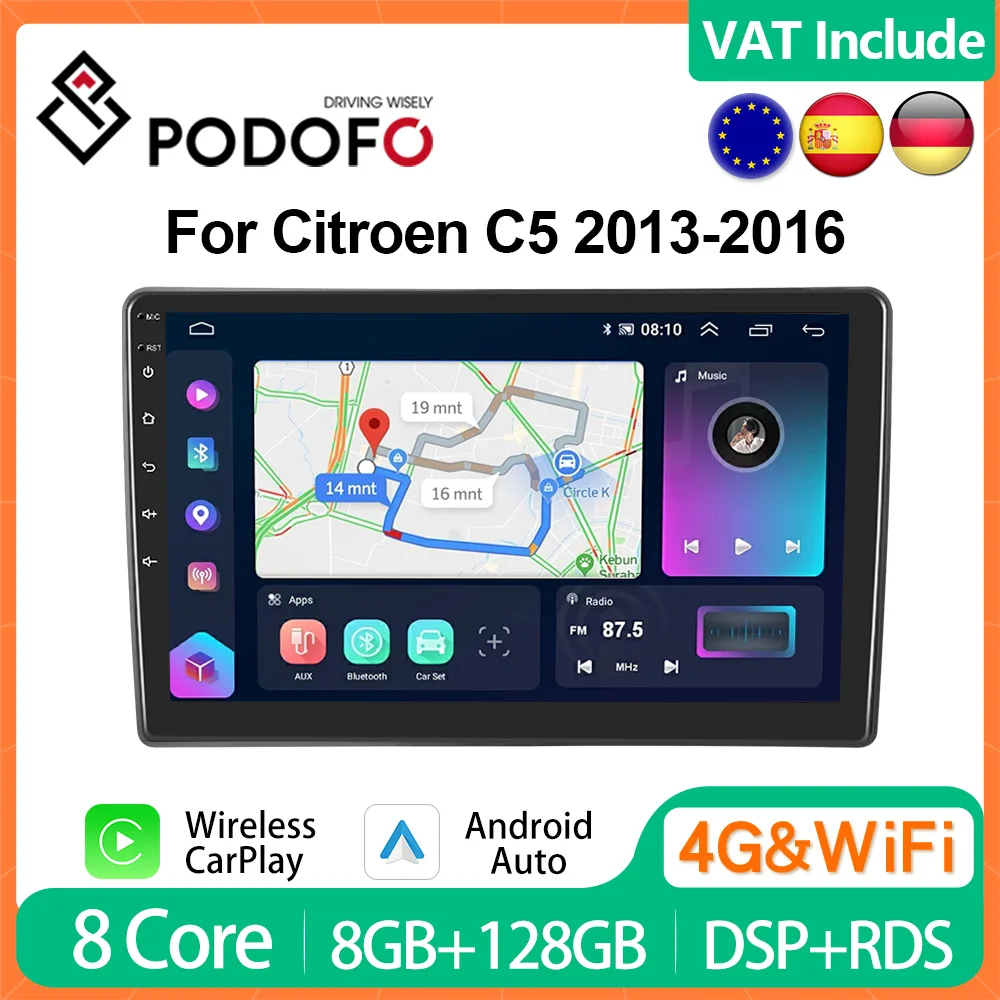 Podofo 4G CarPlay Android Radio For Citroen C5 2013-2016 Car Multimedia Player 2din GPS Stereo QLED Head Unit Ai Voice Autoradio