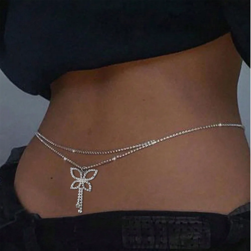 Butterfly Waist Chain Double Layer Rhinestone Belly Chain for Women Nightclub Rave Festival Party Bikini Body Jewelry