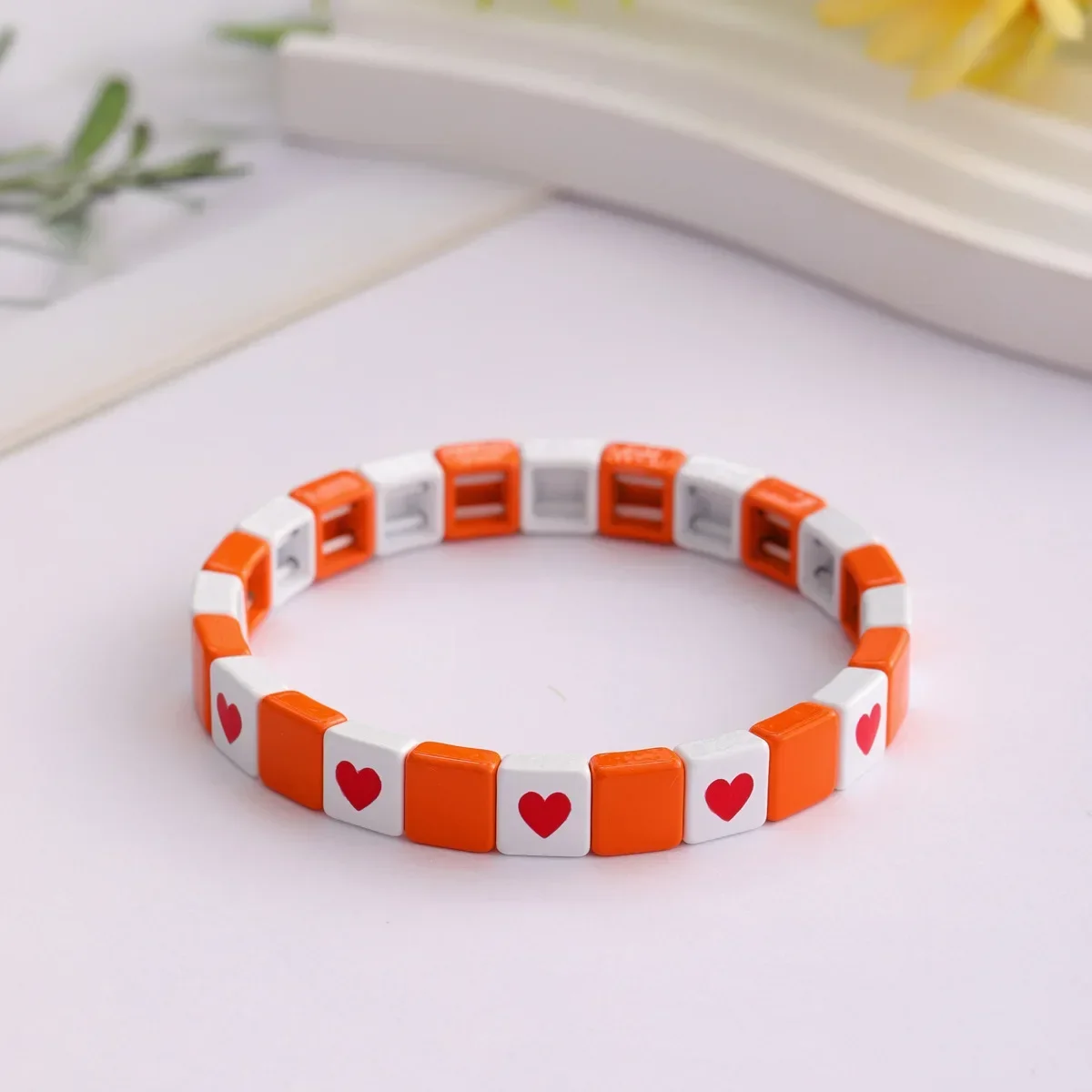 Bohemian Style 2024 New Drop Oil Love Square Beaded Enamel Bracelet Fashion Casual Valentine\'s Day Bracelet Wholesale