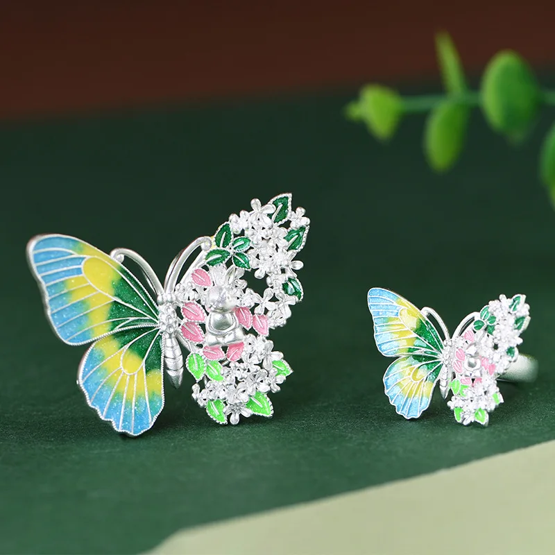 New S925 Sterling Silver Jewelry Vintage Art Butterfly Enamel Jade Rabbit Blooming Flowers Light Luxury Elegance Women's