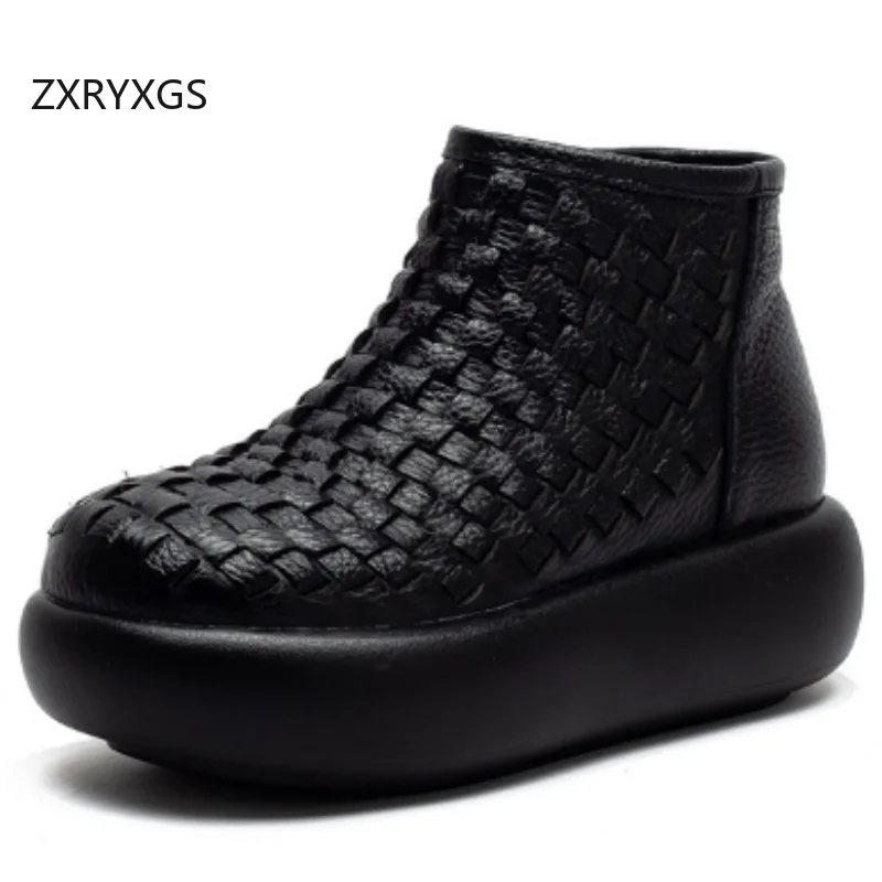 

ZXRYXGS 2025 Winter Top Soft Cowhide Woven Warm Snow Boots Flat Platform Shoes Women Increase Boots Short Genuine Leather Boots