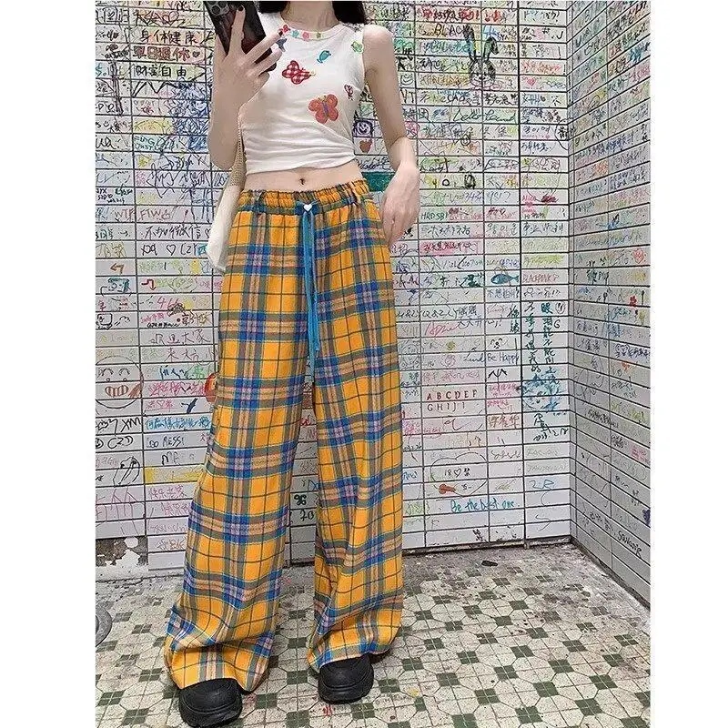 

Женские японские ретро ленивые широкие брюки прямого кроя повседневные свободные брюки в клетку дофамина