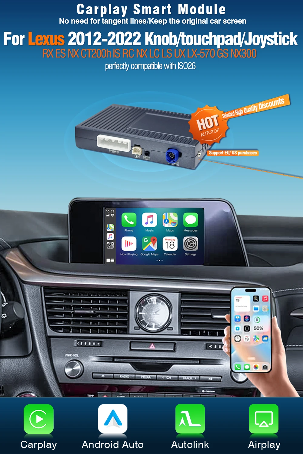 AUTOTOP Interface Wireless CarPlay Android Auto für Lexus NX RX IS ES GS RC CT LS LX LC UX GX 2012-2019 GPS Airplay Autolink BT – Detail 1