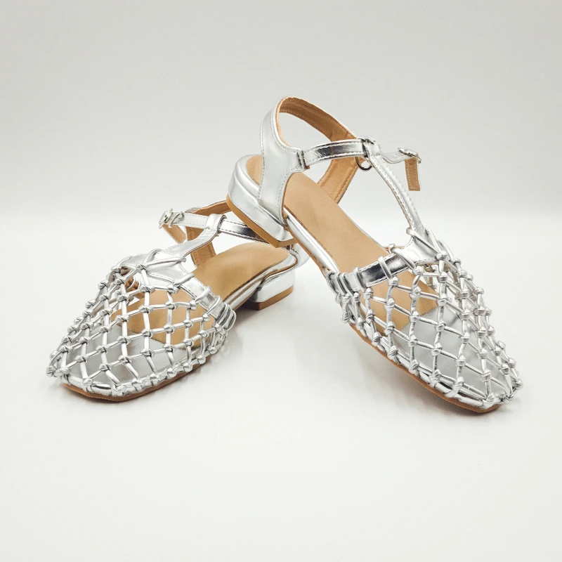 CHABELLA Retro Gold Hollow Out Mesh Silver Bag Head  Women's  Sandals 2024 New Buckle with Low Heel Ballet Flats Roman Shoe