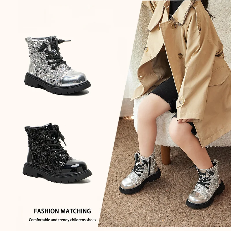 Girls Sequins Boots Patent Leather Kid Zip Shoes Splice Fashion Short Ankle Boot Child Autumn & Winter fleece-lined Footwear