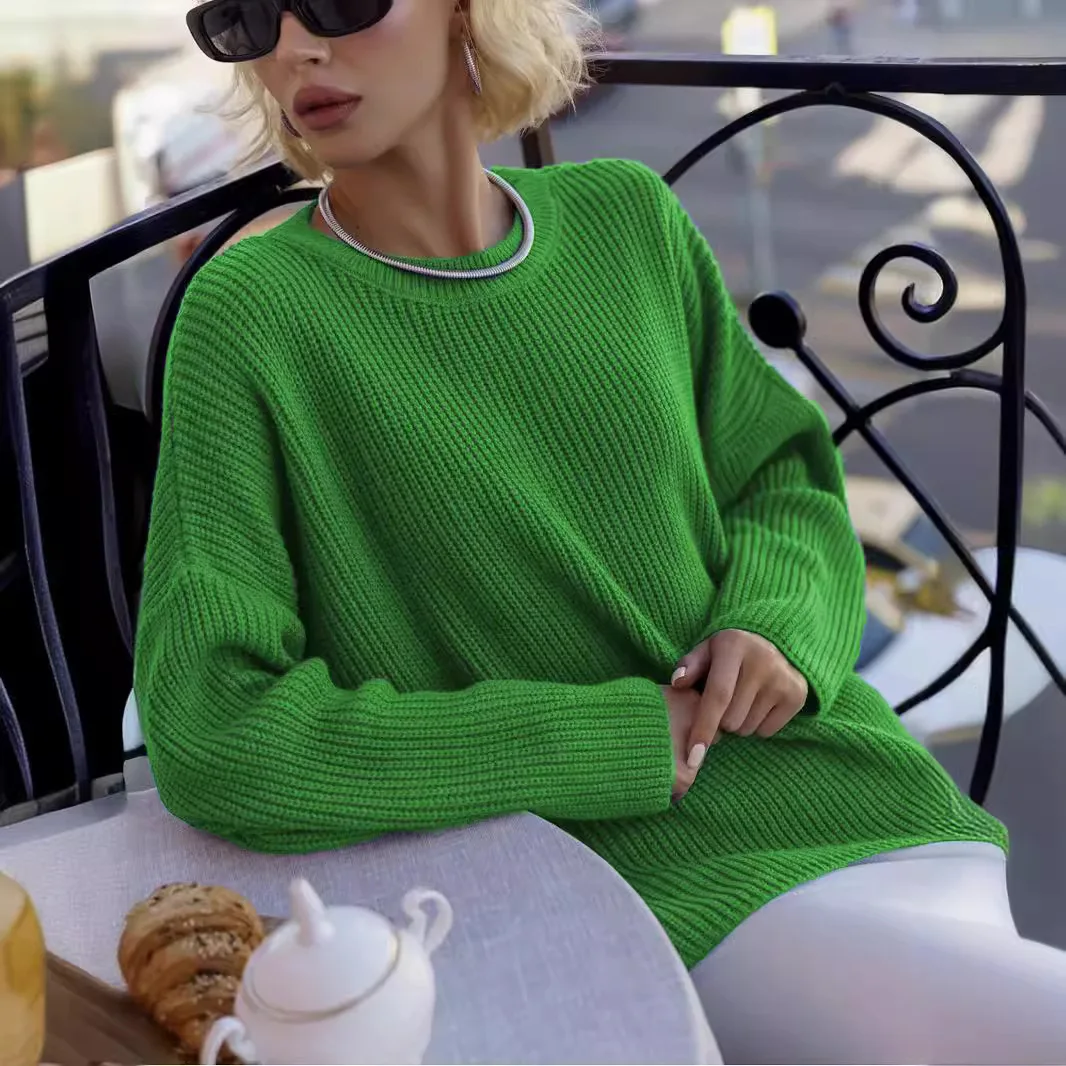 Women's knitted sweater with warm autumn and winter solid color round neck loose casual daily pullover lantern sleeve sweater