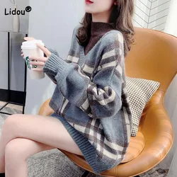 Autumn Winter Trend Fake Two Pieces Loose Plaid Sweaters Long Sleeve Fashion All-match Half High Collar Knitted Tops for Female