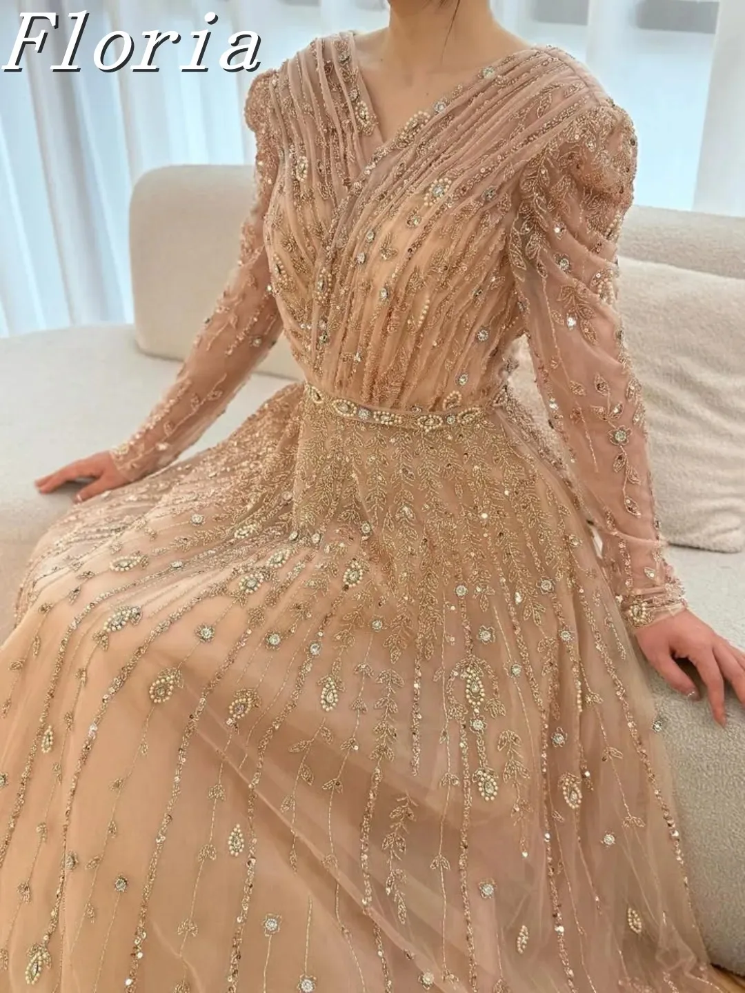 

Saudi Arabic Middle East Customized Long Sleeves Beading Evening Dresses A-LINE Wedding Party Dress For Formal Occasion 2025
