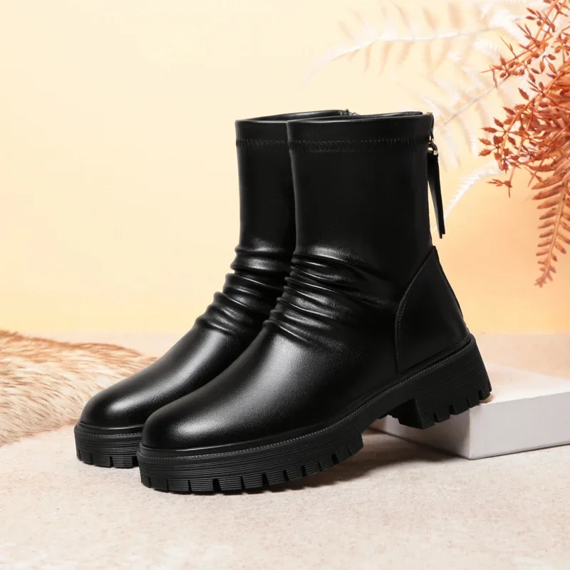 

Plush Women's High Boots for Woman Platform Boots High Heel Shoes Autumn 2025 Women's Fashion Pleated Leather Winter Boots 35-41