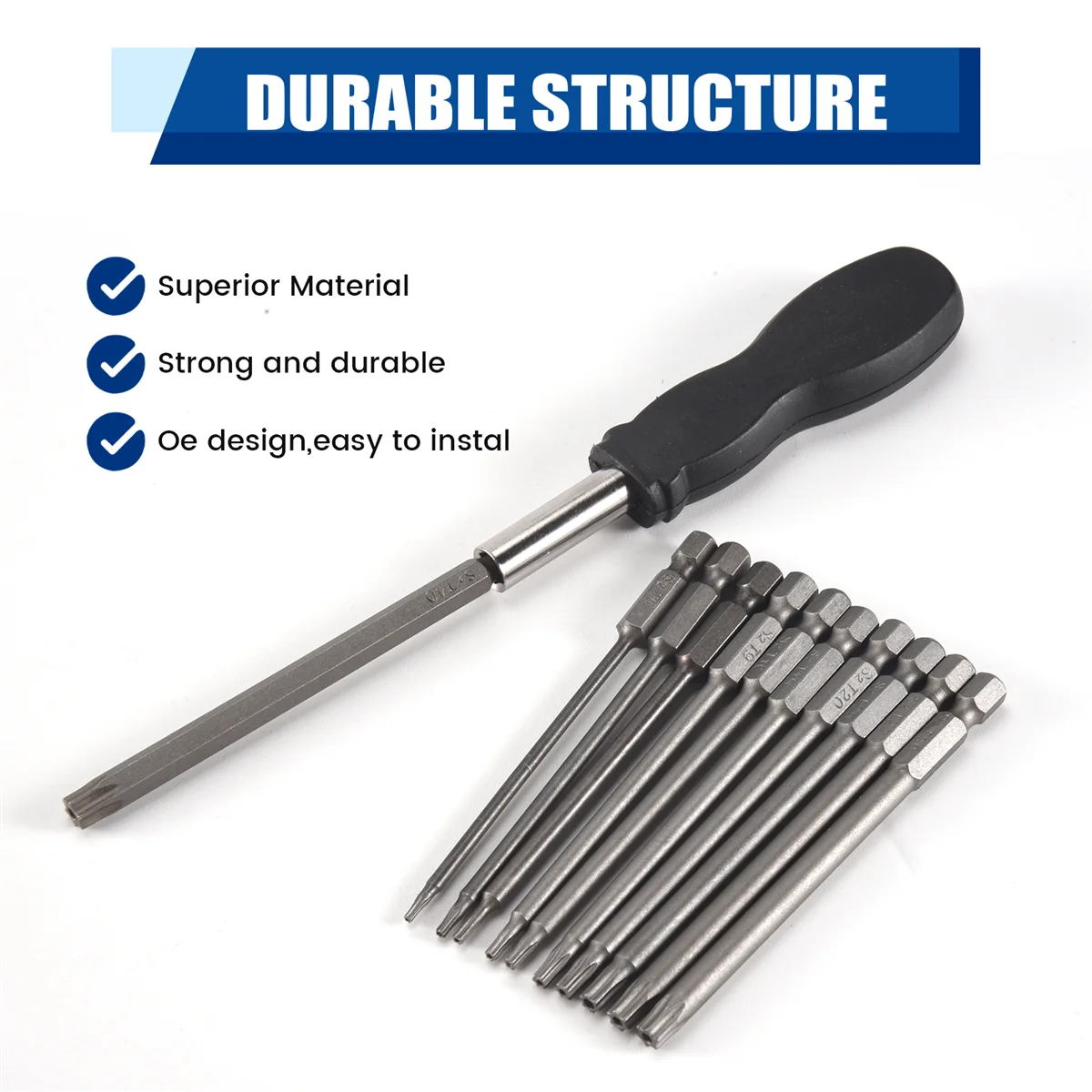 트렌디한 Torx 헤드 스크루 드라이버 비트 세트, 1/4 인치 육각 생크 T6-T40 스타 스크루 드라이버 도구 키트, 1 팩 핸들 포함, 11 팩, 75mm