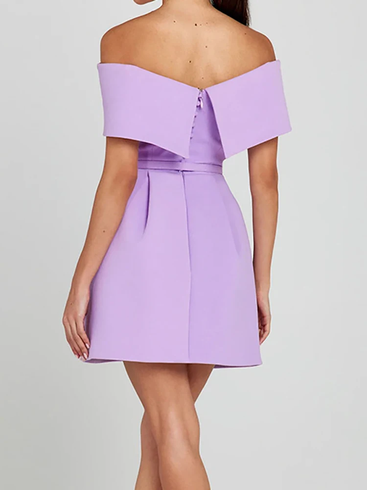 Women Simple Patchwork Off The Shoulder Party Dress, 2024 Spring Summer Short Sleeve Mini Dress, Slash Neck Solid Ladies Dress