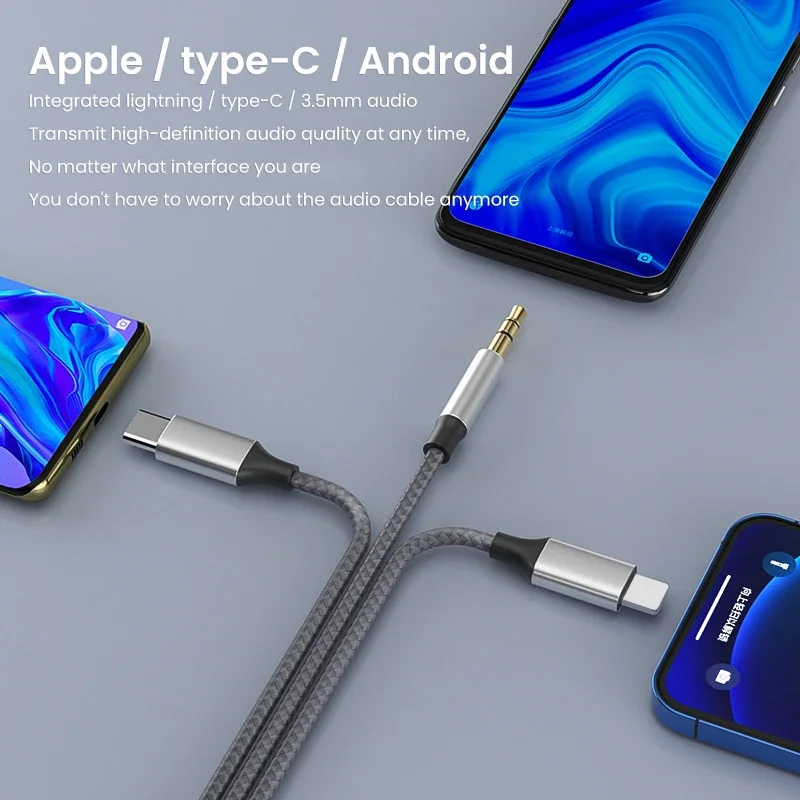 3.5mm/8Pin/Type C 3in1 3.5mm Jack Aux Cable For iPhone iPad Tablet Car Speaker Headphone Audio Adapter for Huawei Samsung Xiaomi