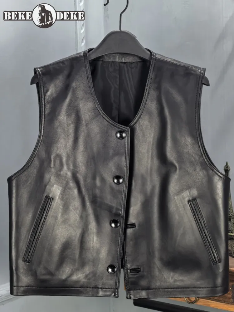 

Streetwear Lady Pocket Solid Color Genuine Leather Round Neck Solid Color Short Jacket Sheepskin Single Breasted Sleeveless Vest