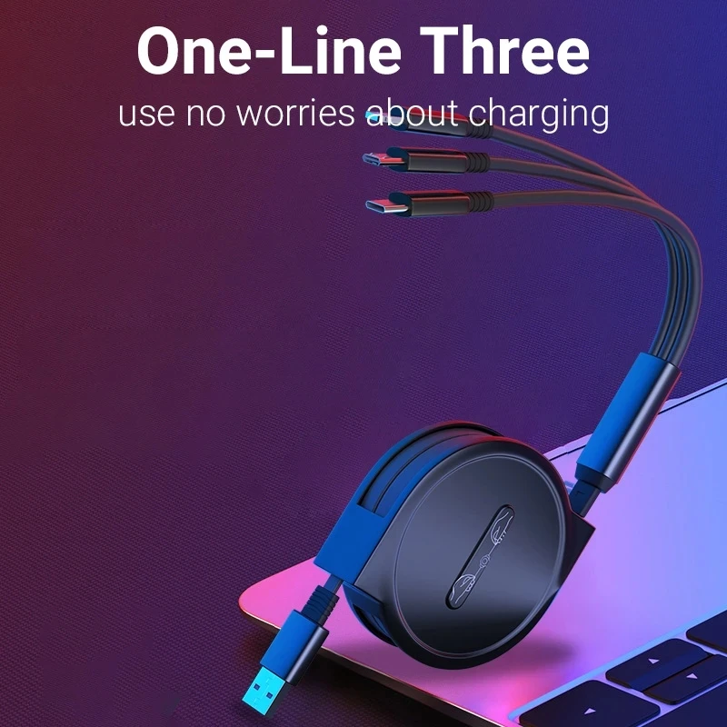 Retractable 3 in 1 Usb Cable For iPhone & Micro USB & Type C Cable Fast Charging Portable Cable lighting usb