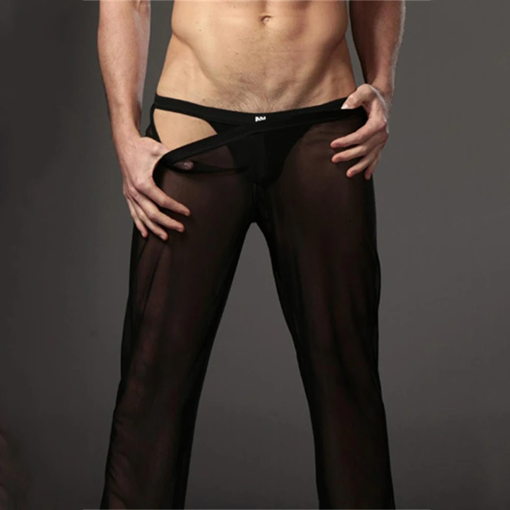 

2022 Men Sexy Gays Underwear Sheer Mesh Loose Long Pants Sleepwear Transparent Comfort Qucik-Dry Trousers Sleep Bottoms Clubwear