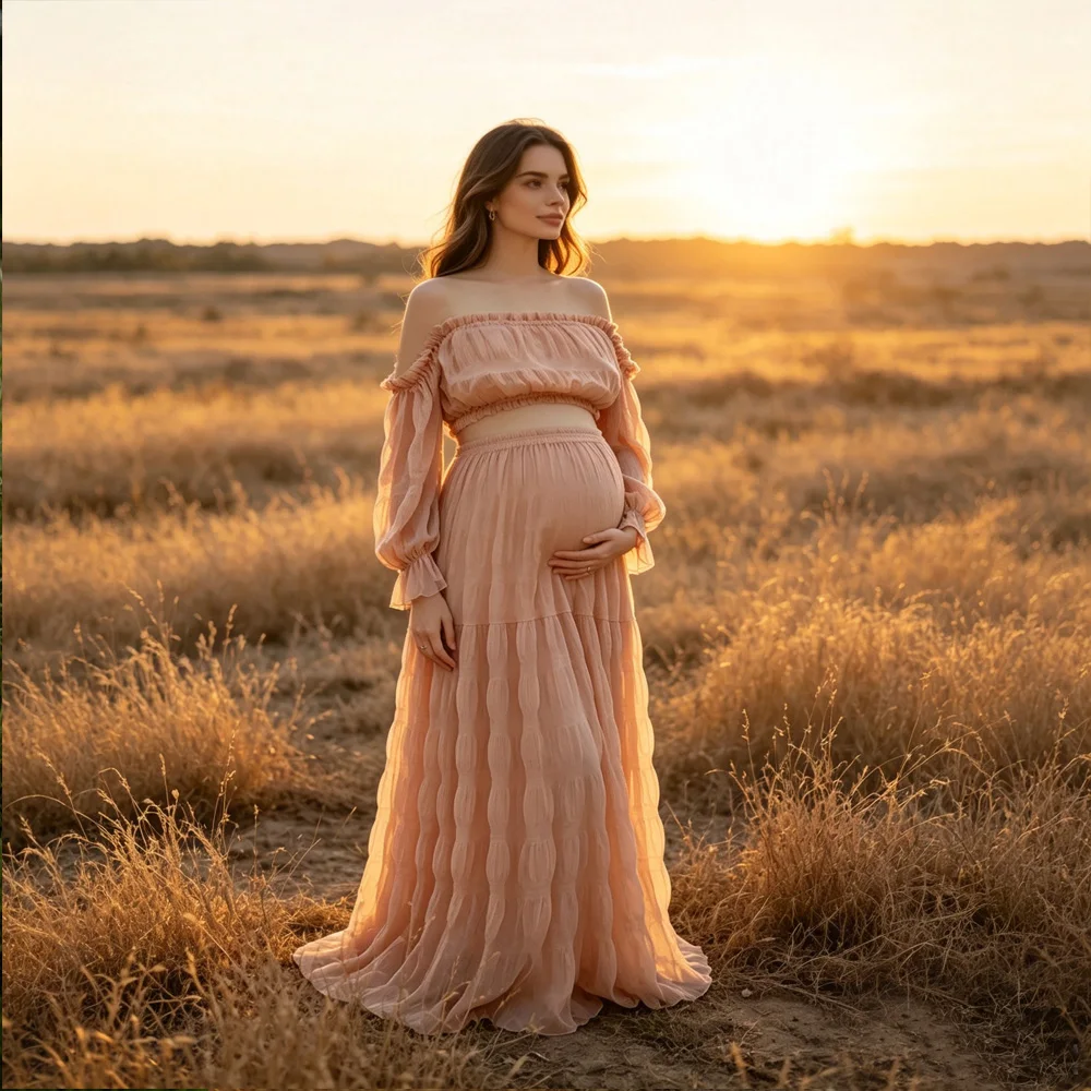 Bare Pink Pleated Chiffon Maternity Dresses For Baby Showers Two-Piece Set Bohemian Photo Shooting Pregnancy Dress