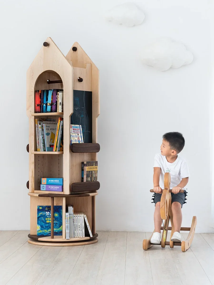 ชั้นวางหนังสือหมุนได้ทรงหอคอยเวทมนตร์ ทำจากไม้แท้ทั้งหมด ชั้นวางหนังสือภาพหมุนได้ 360 องศา