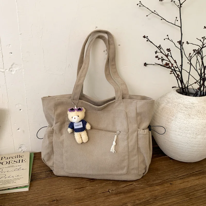 

Simple Solid Color Corduroy Shoulder Bags for Women Multi-Pocket Ladies Casual Tote Bag Outing Portable Female Large Handbags