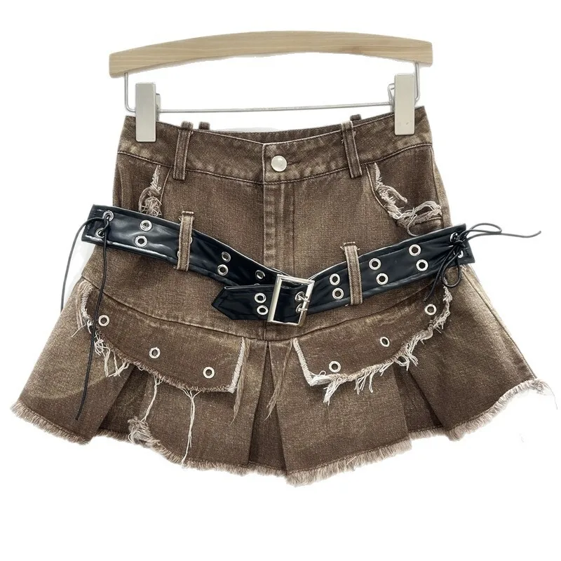 WTHT nuevo diseño de cinturón Vintage para mujer Mini faldas acampanadas con borde de rebaba 2025, Falda plisada de cintura alta a la moda de verano para mujer 1LS1767