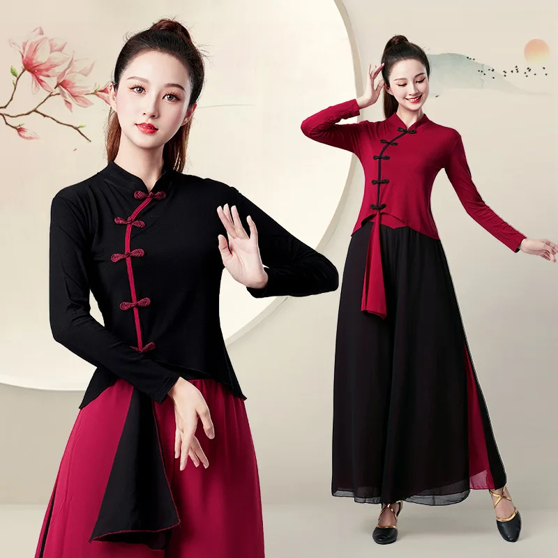 New women's square dance clothing set, Odair pipa medium and long-sleeved dancing clothes, chiffon dance practice clothes