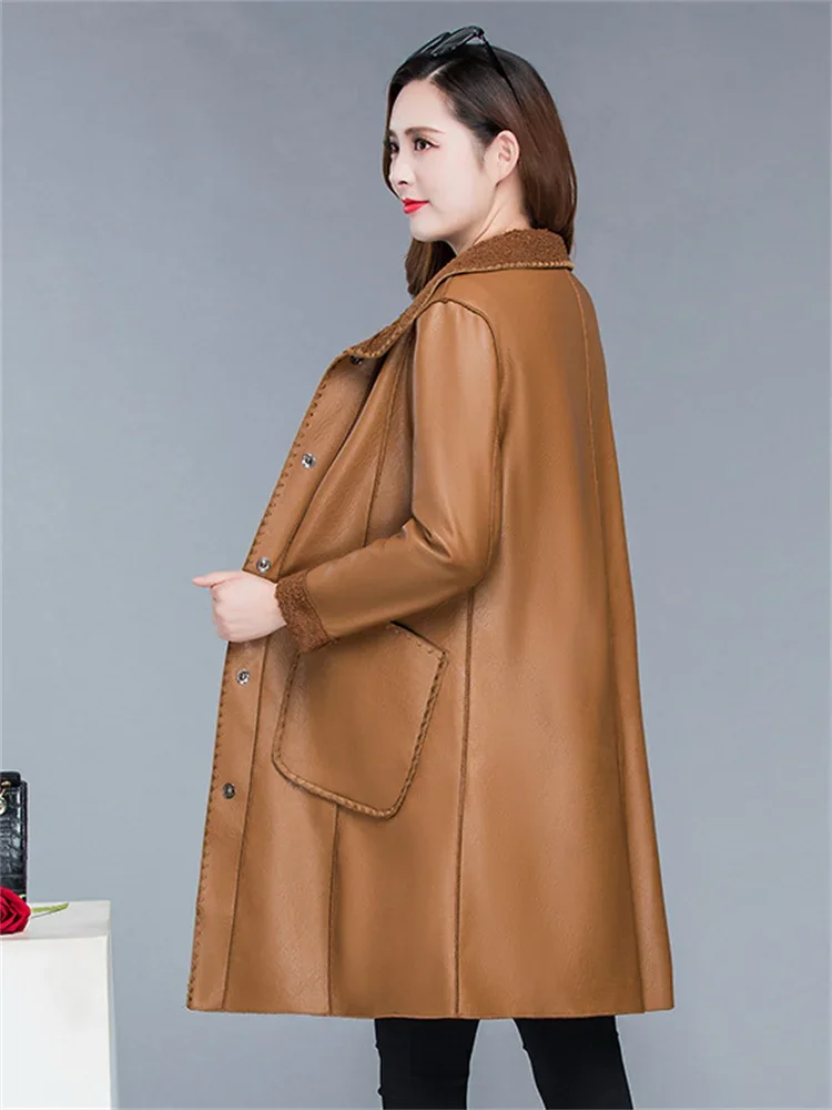 Winter Jacket Women Brown  Doll Collar 2023 Autumn New Korean Fashion Slim Add Velvet Long Faux Leather Coat Female