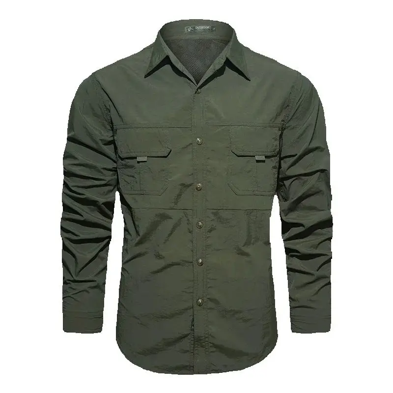 Men Long-Sleeved Shirts Summer Solid Color Stand-Up Collar Casual Beach Style Plus Size Male Shirts Military Tactical Shirt