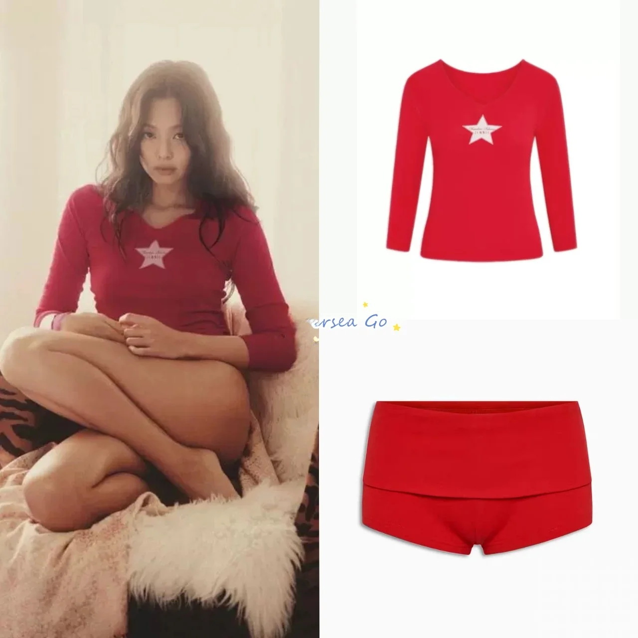 

Jennie X Frankies Bikinis Collaborative Long Sleeve T-Shirt Cuffed Shorts Women's Fashion Casual Style Star Print Cotton Blend