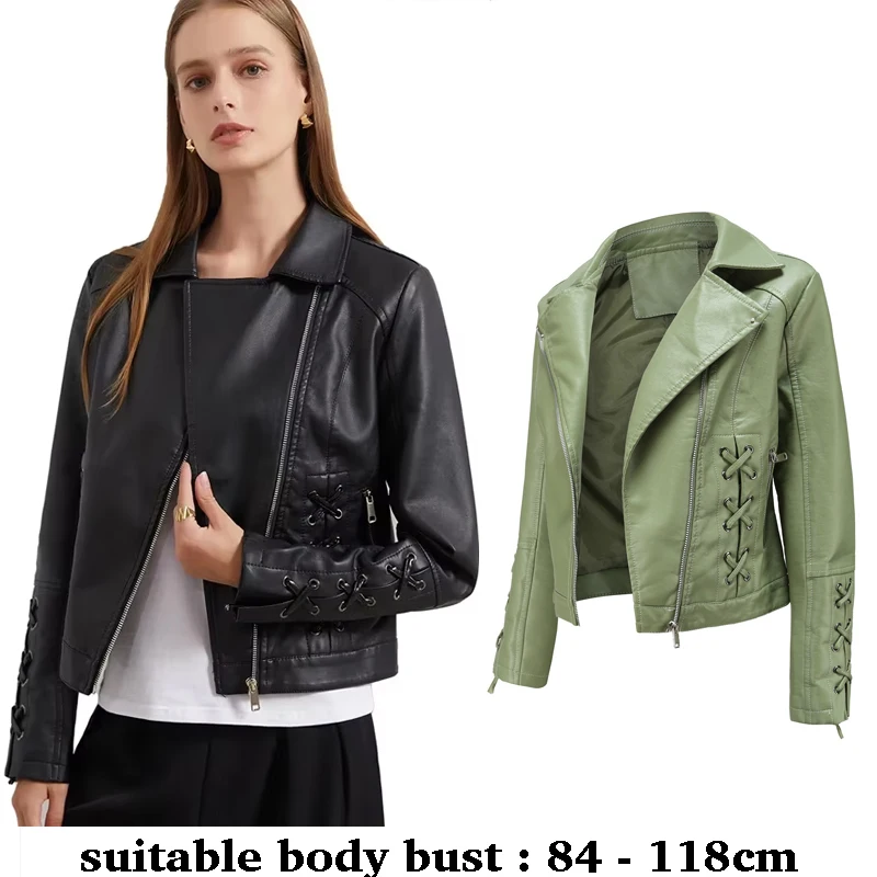 

high quality short leather jacket for women long sleeve slim motorcycle jacket autumn winter 2025 elegant black green clothing