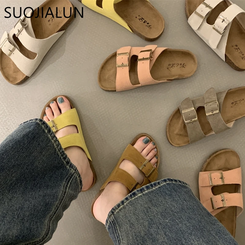 SUOJIALUN Summer New Brand Women Slipper Fashion Buckle Ladies Flat Heel Casual Slides Open Toe Slip On Outdoor Slides Shoes