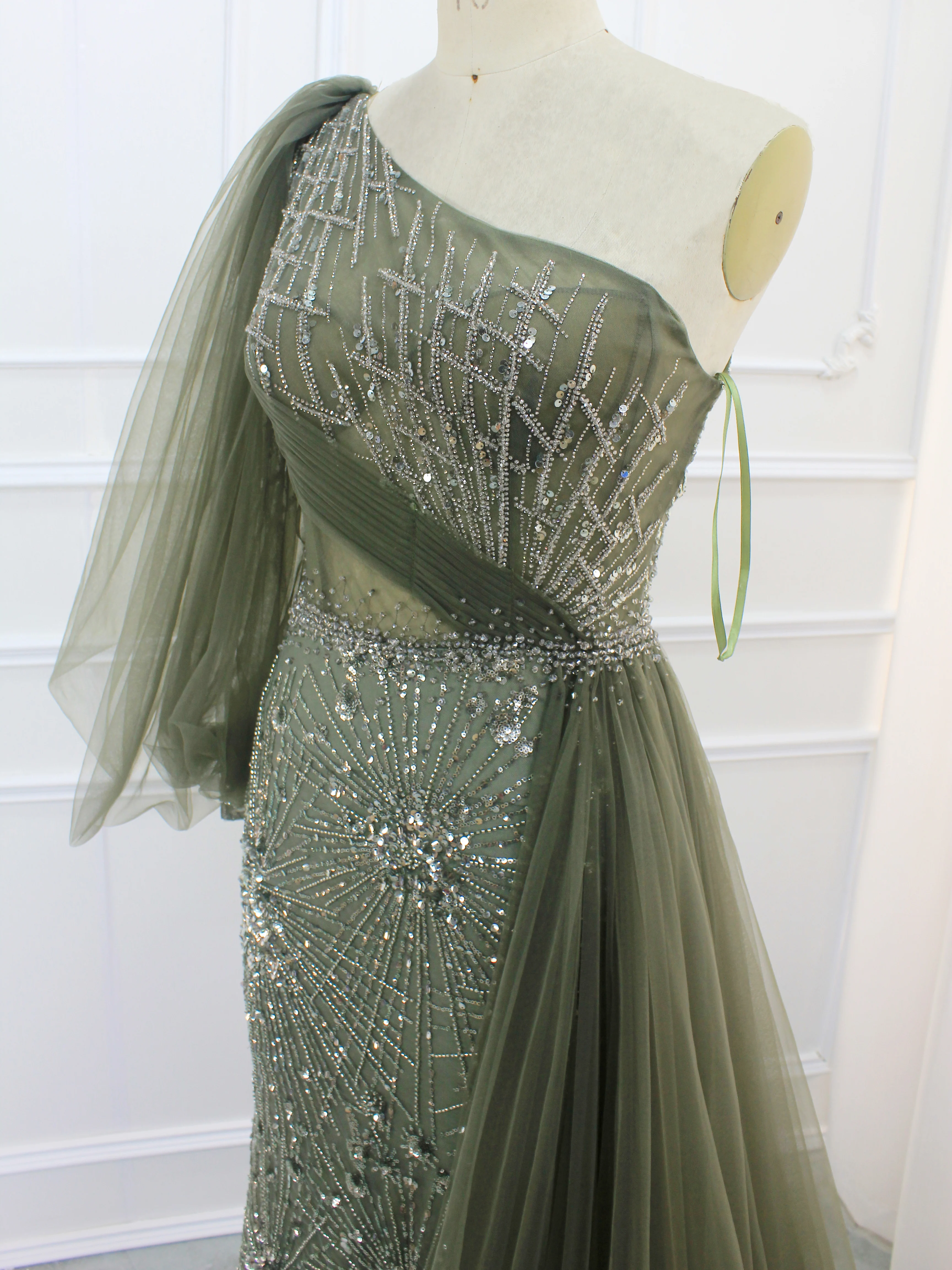 Hot Sale One Shoulder Sleeves Green Evening Dresses Luxury Beaded Cape Skirt Formal Gowns 2024 For Women Party With Best Price