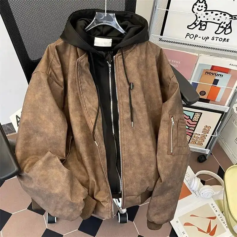 

American Retro Hooded PU Leather Men Trendy Brand Fake Two-Piece Silhouette Handsome Autumn Motorcycle Flying Jacket