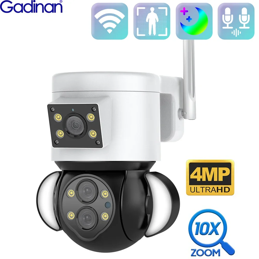 Gadinan WiFi 4MP Multiple Lens PTZ Camera 10X Zoom Linkage Floodlight Color Night Vision Auto Tracking Camera Video Surveillance