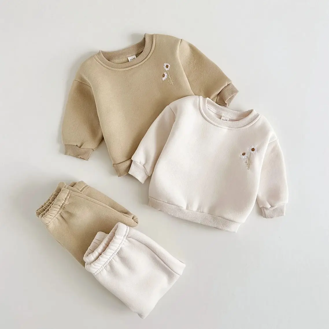 2024 Fall Thick Clothes Infant Sets Fleece Embroidery Daisy Pullover Sweatshirt+Jogger Pants Baby Boys Girls Basis Winter 2Pcs