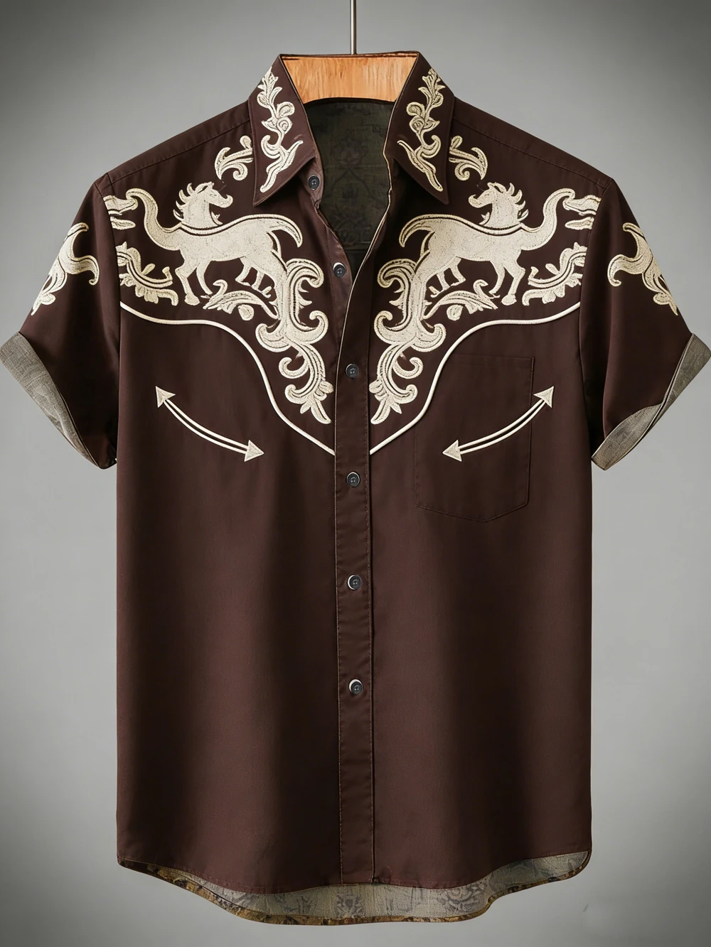 Men's Summer Retro West Coast White Horse Arrow Vine Western Element Design Thin Retro Commuter Travel Niche Casual Shirt