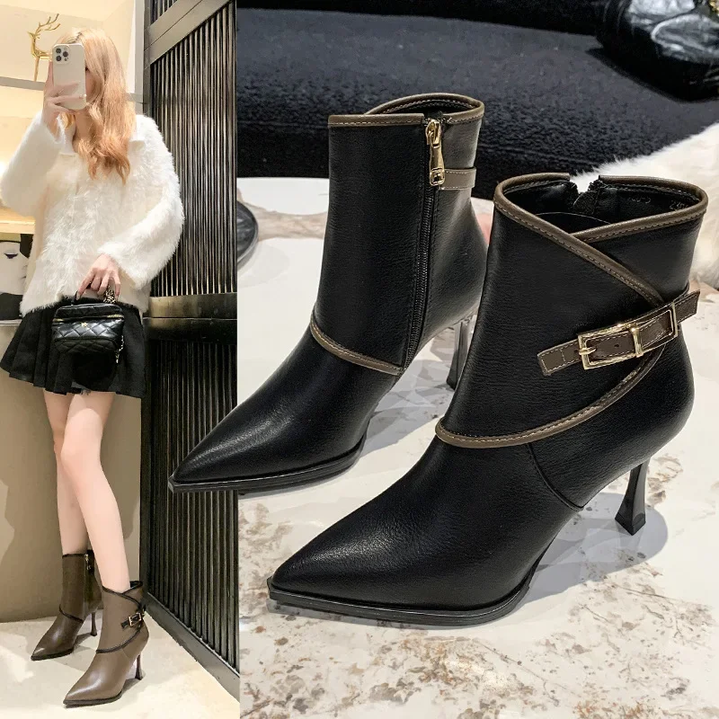 2024 Autumn/Winter Hot Seller Women Fashion Vintage Fabric Splicing Pointy Side Zipper Skinny Heel Belt Buckle Ankle Boot Women