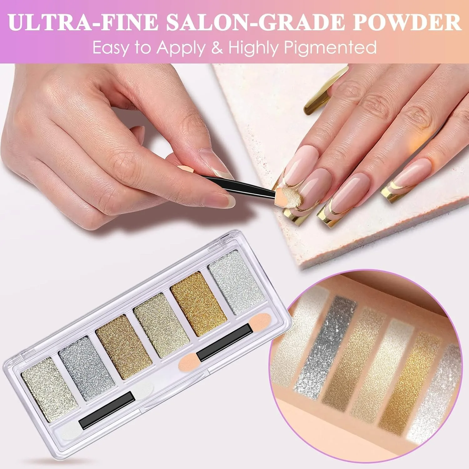 Poudre à ongles chromée or argent 6 couleurs holographique MirrorPigment Champagne paillettes poussière avec applicateur pour manucure Nail Art bricolage