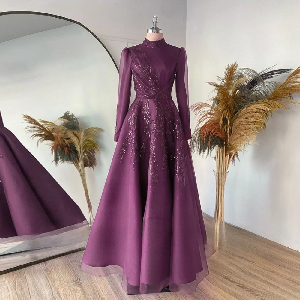 Purple Glitter Beads Prom Dresses Muslim Wedding Robe Tulle A Line Long Sleeve Luxury Evening Gowns Party Dress Gala Para Kaftan