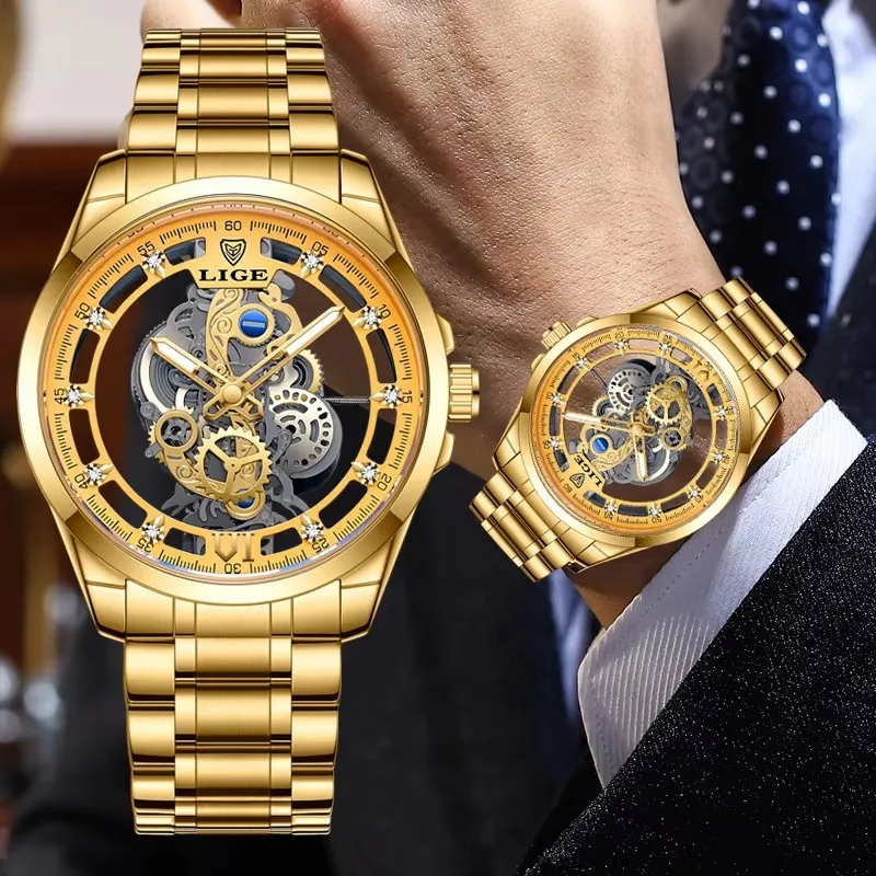 LIGE الرجال الهيكل العظمي الذهبي كوارتز ساعات المعصم الفاخرة الإبداعية تصميم جوفاء ساعات رجالي الأعمال الفولاذ المقاوم للصدأ ساعة مضيئة