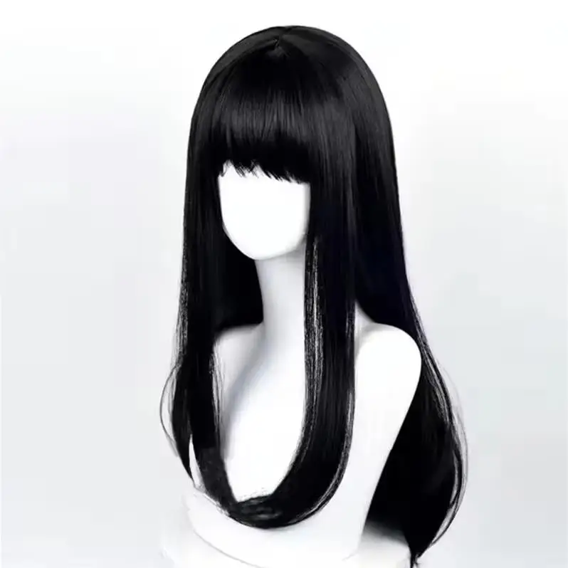 Natural Breathable Head Cover Black Long Straight Wig Hat for Women Cartoon Character Cosplay Hair Extensions Synthetic Wigs