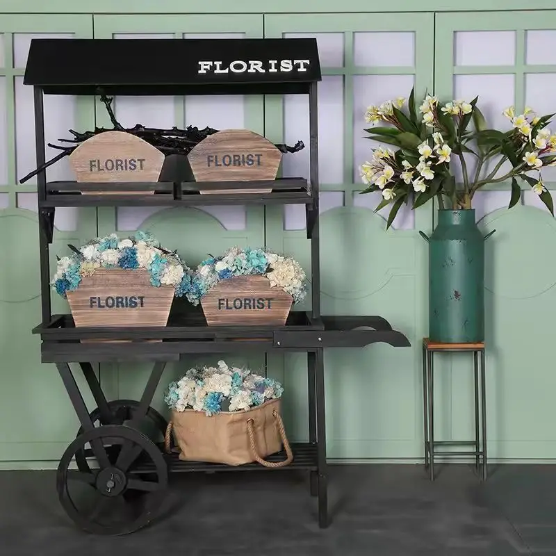 Pastoral country retro solid wood flower stand trolley commercial store window rack