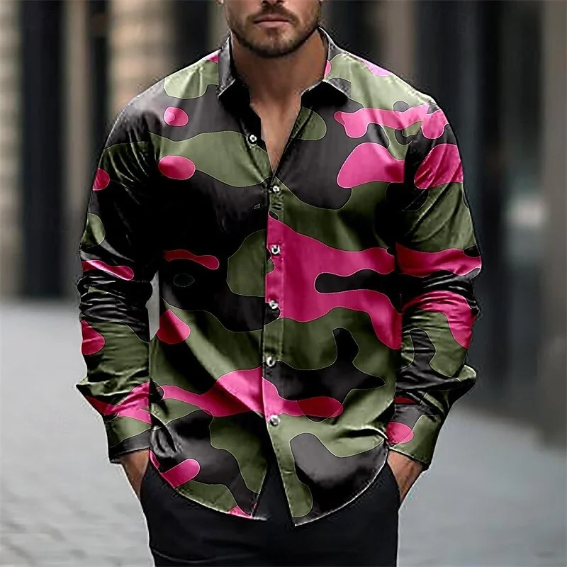 2025 Men\'s Shirt Summer Shirt Casual Shirt Army Green Long Sleeve Camouflage Lapel Button Clothing Polyester Fashion Casual 6XL