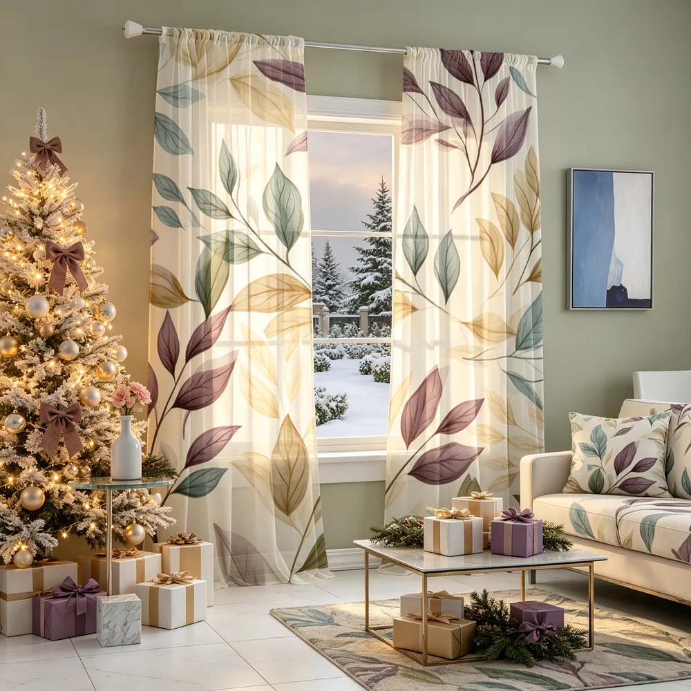 2PCS Sheer Curtains, Purple Blue Yellow Branches Print, Bedroom Living Room Window Drapes, Rod Pocket Polyester, Home Decor