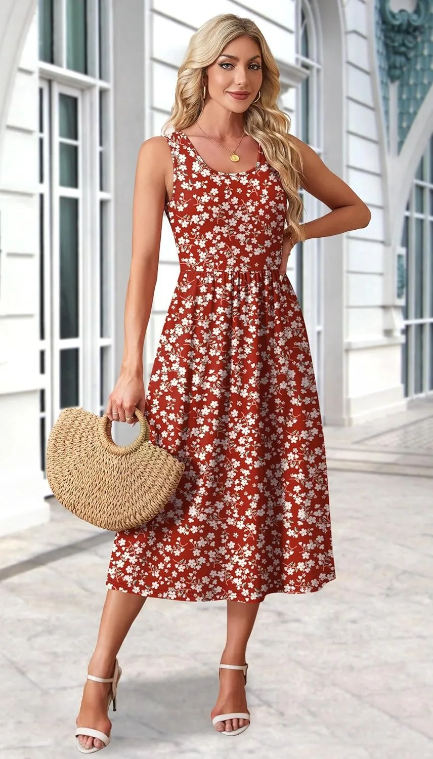 2026 Sommer Neue Kleider für Damen Bedrucktes Lässiges Midikleid Modisches Ärmelloses Rundhals-Strandkleid mit Taschen – Detail 20