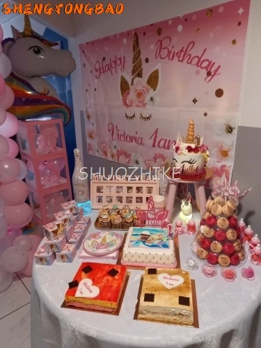 Unicorn Rainbow Happy Birthday Party Backdrop Flower Gold Glitter Unicorn Baby Shower Girl First Birthday Photography Background