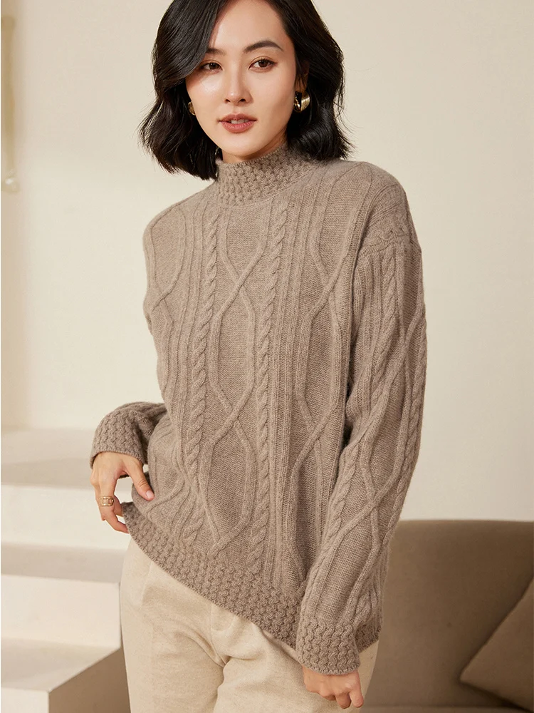 Classic 2024 Autumn Winter Women Sweater 100% Merino Wool Mock Collar Knitwear Office Lady Pullover Long Sleeve Cashmere Jumper