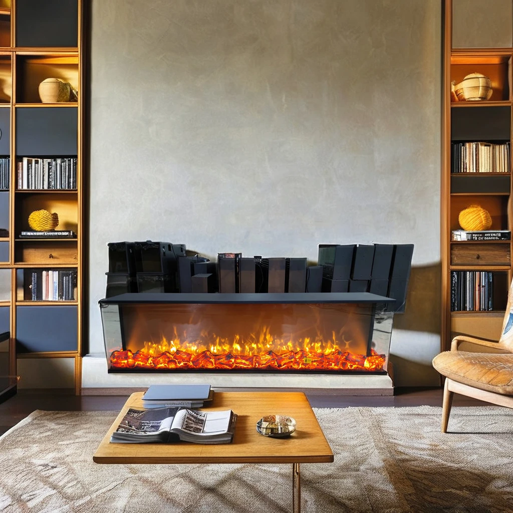 

Modern 1000MM Electric Fireplace 3D Sided Black Steel Insert Realistic Flames Remote Control Child-Friendly Indoor Decor Hotel