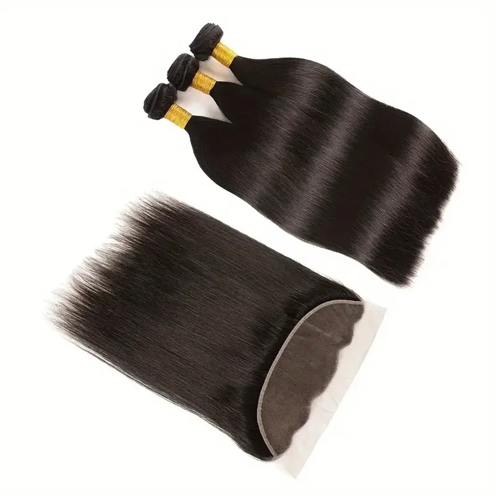 BAHW Hair Peruvian Straight Hair 3 Bundles With 13x4 Lace Frontal Remy Human Hair With HD Lace Part Ear To Ear 13x4 Lace Frontal